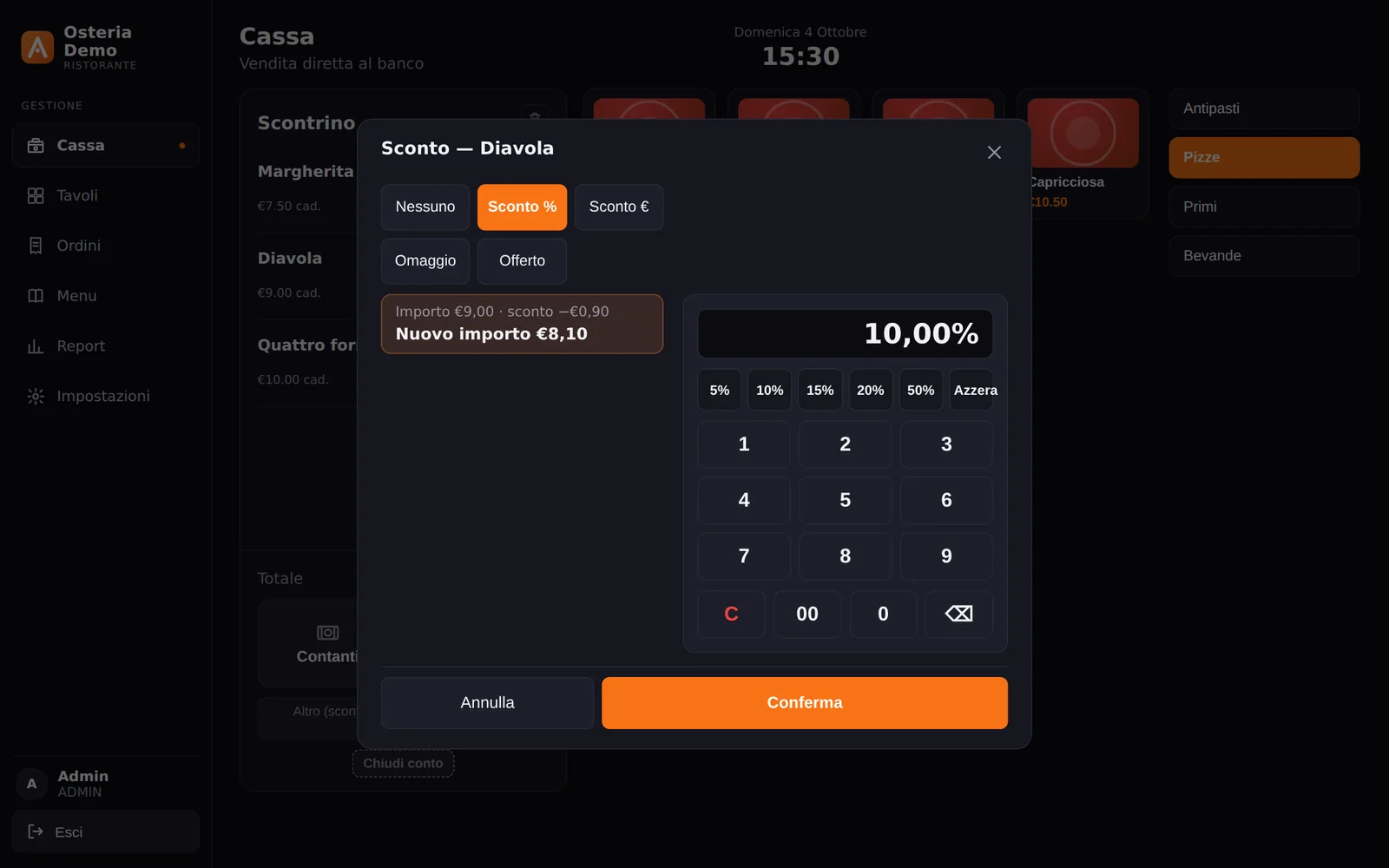 Finestra per applicare uno sconto con tasti rapidi e anteprima